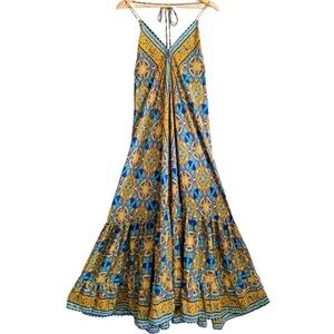 ZURY Silk Blend Vibrant Colorful Flowy Bohemian Tiered Halter Neck Maxi Dress OS